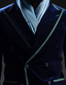 Midnight Blue Velvet w Green Piping 3 Piece Suit